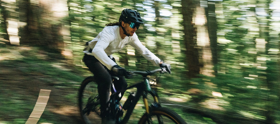 Mountain biker wearing Smith helmet and sunglasses